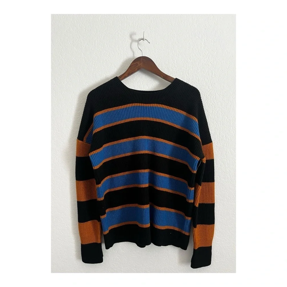 ALC Striped Oversized Wool Cashmere Crewneck Sweater Black Blue Medium